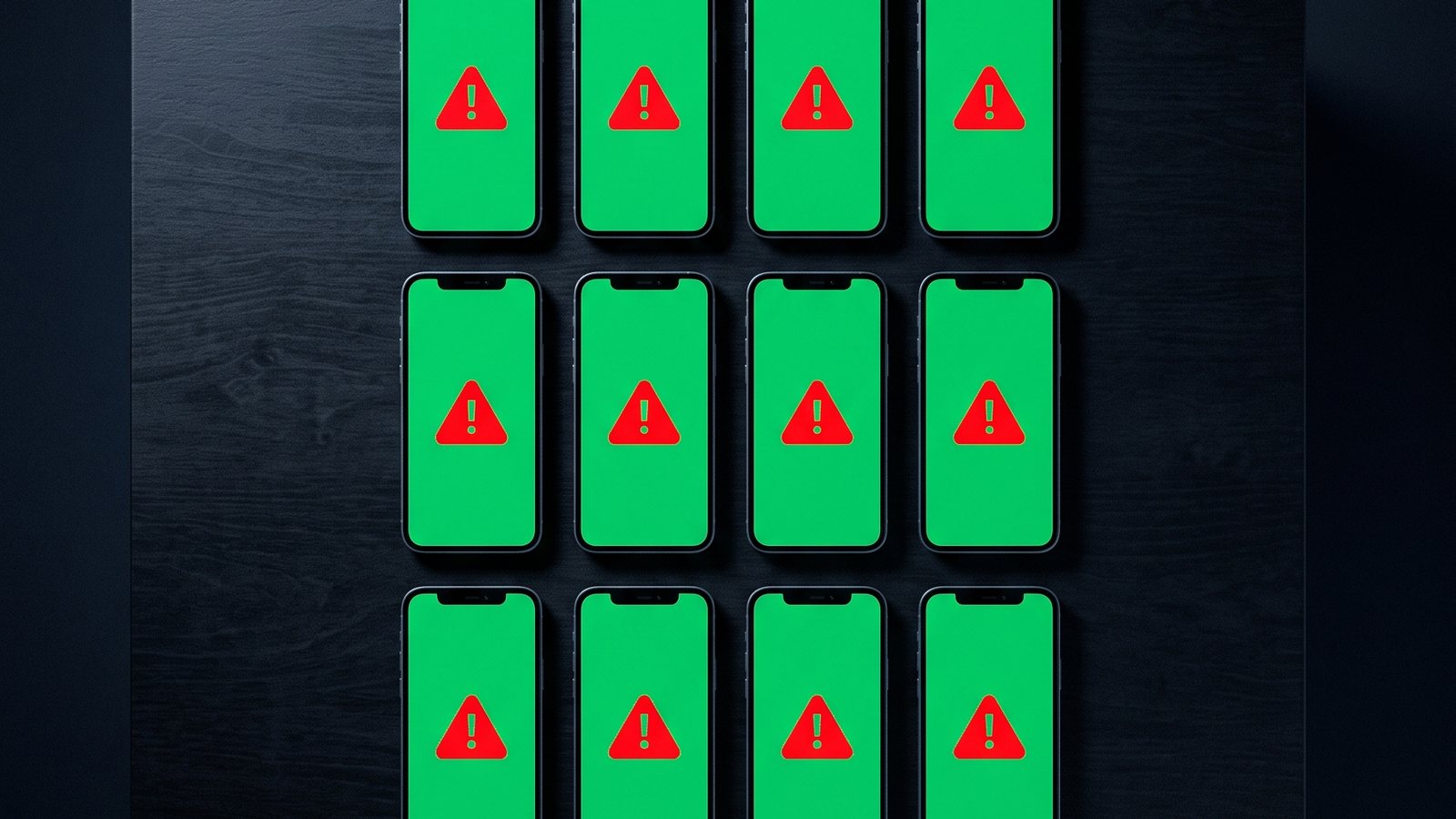 Doze celulares enfileirados sobre uma mesa escura, todos com a tela verde e um triângulo vermelho de alerta no meio