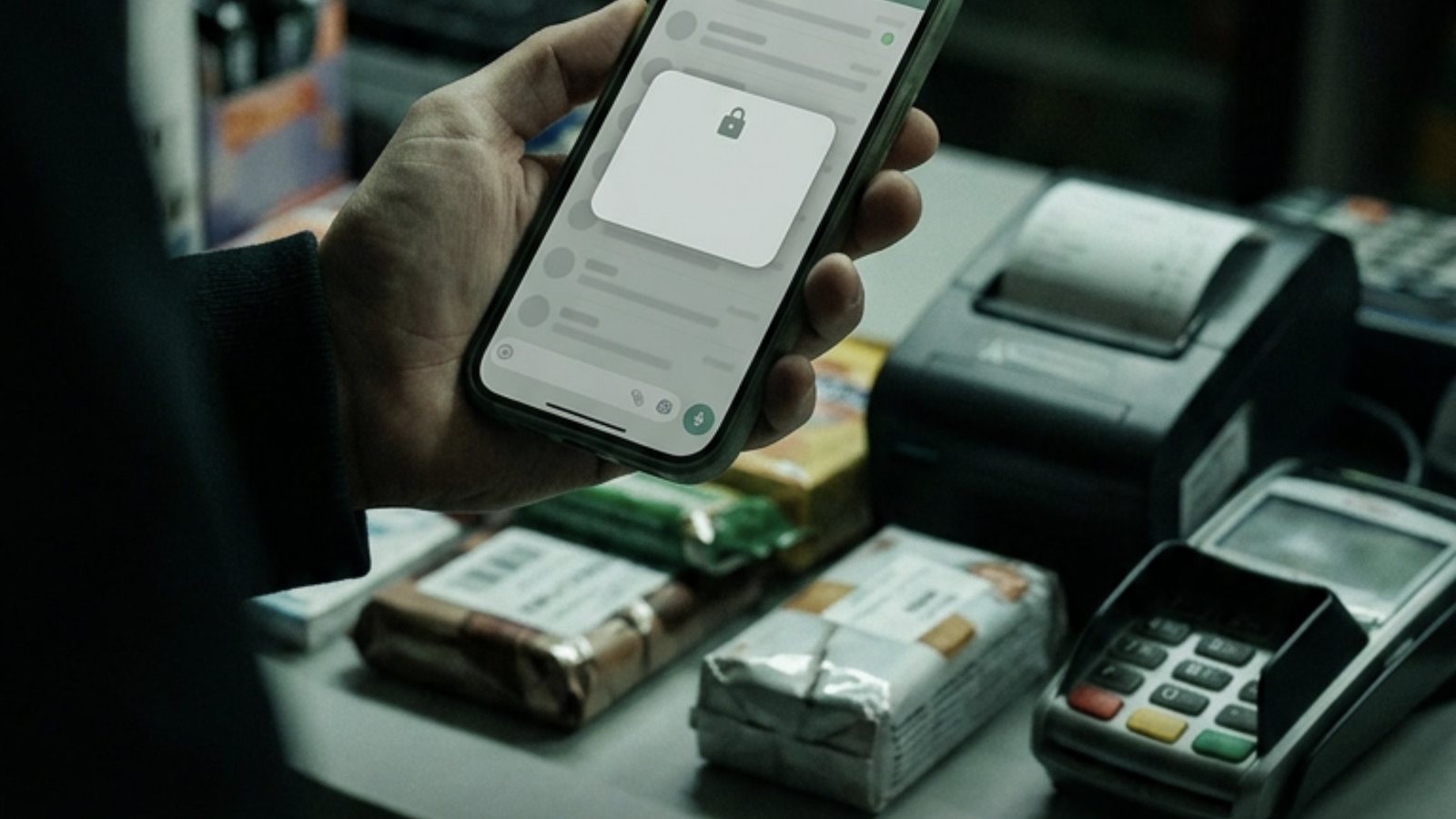Mão segurando um celular no balcão de uma pequena loja à noite, com a lista de conversas apagada atrás de um aviso cinza com cadeado, entre pedidos embalados, uma impressora de cupom e uma maquininha de cartão