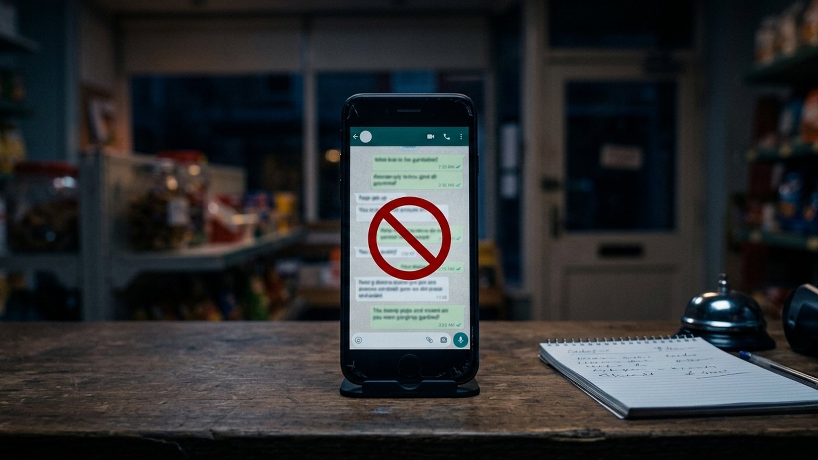 Celular em pé no balcão de uma loja com as conversas verdes apagadas e um ícone vermelho de proibido no meio da tela